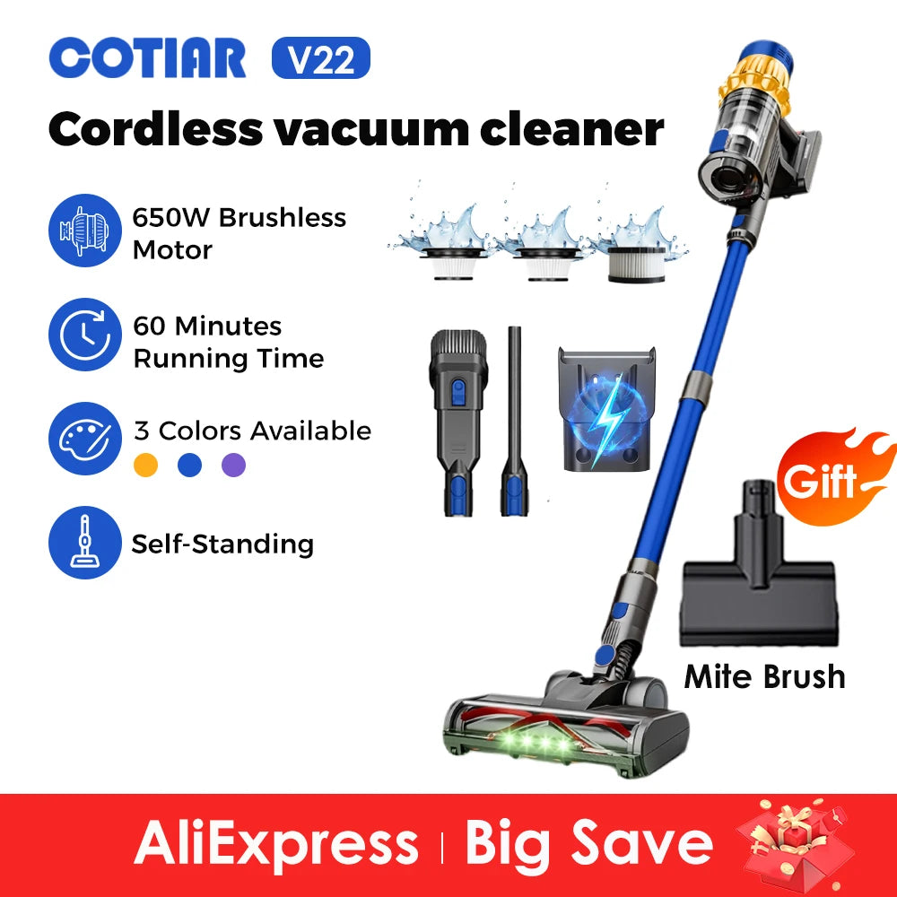 Cotiar V22 Cordless Vacuum Cleaner 650W 55000PA Removable Battery