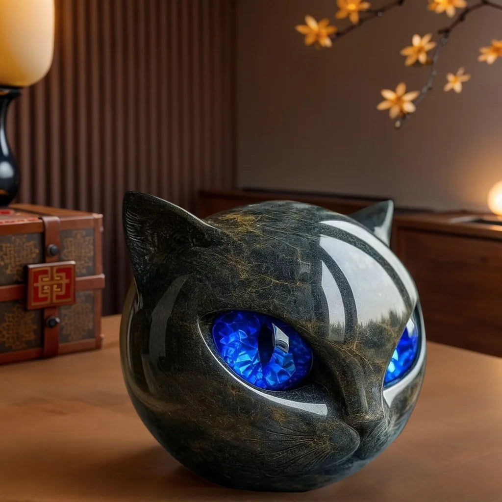 Decorative Black Cat Stone Figurine Resin Cat Head Healing Stone Marble Texture Cat Stone Keepsake Gift Office Desk Cats Decor