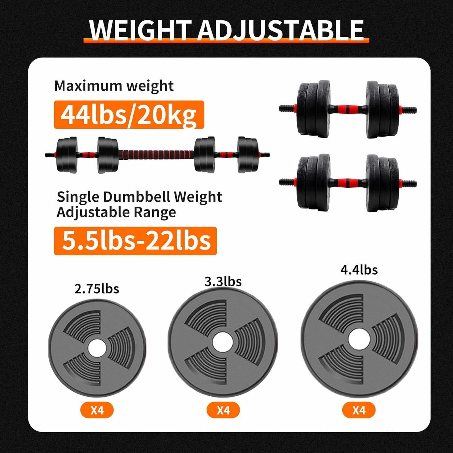 Adjustable Dumbbell Barbell Set 5 To 44 Lbs Anti Slip