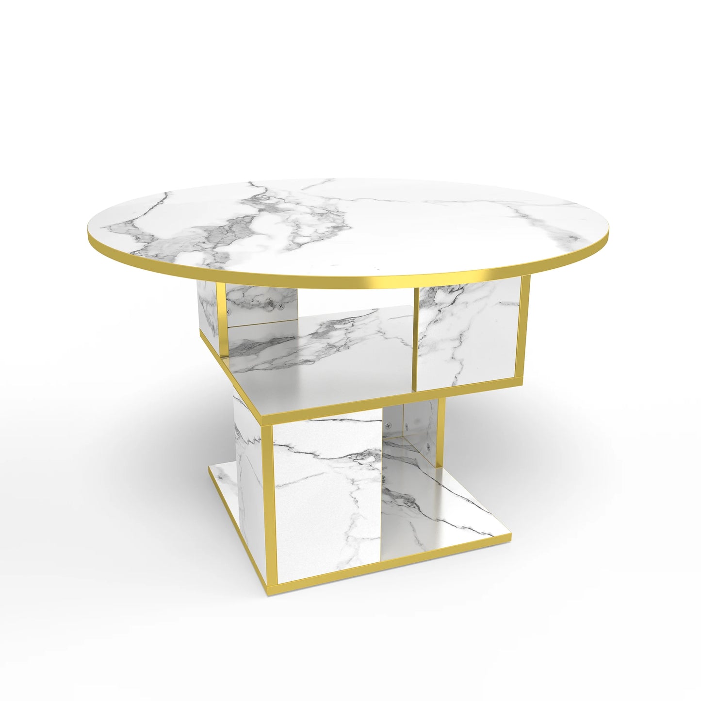 3-Tier Round Coffee Table with Storage, Modern Coffee Table for Living Room, Wooden Tabletop-Marble White with Gold Frame