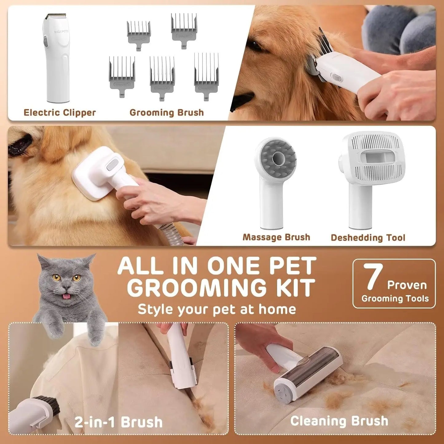 Pet Grooming Vacuum Kit with 7 Tools, Low Noise Electric Clipper and Brush for Home Shedding