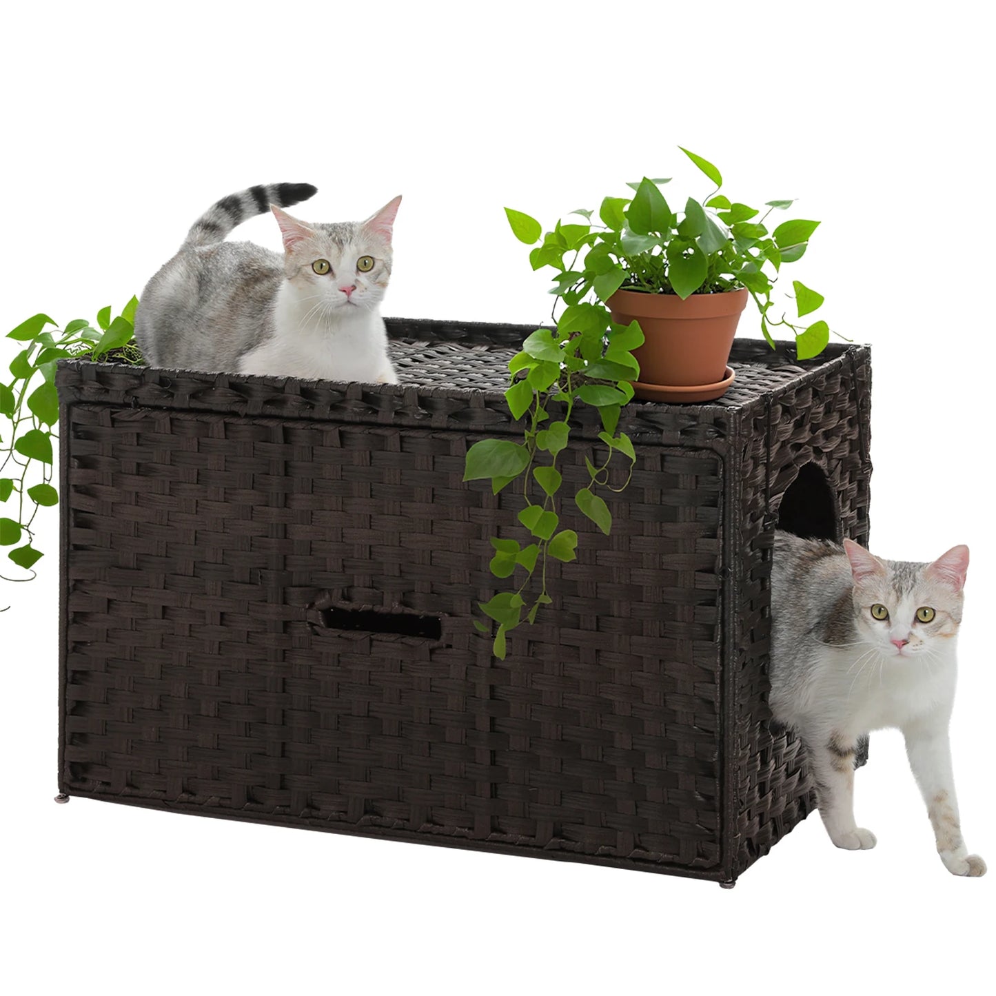 Rattan Cat Litter Box Enclosure Furniture with Door, Handwoven Rattan Hidden Litter Box Living Room Odor Control, Cat House Bed