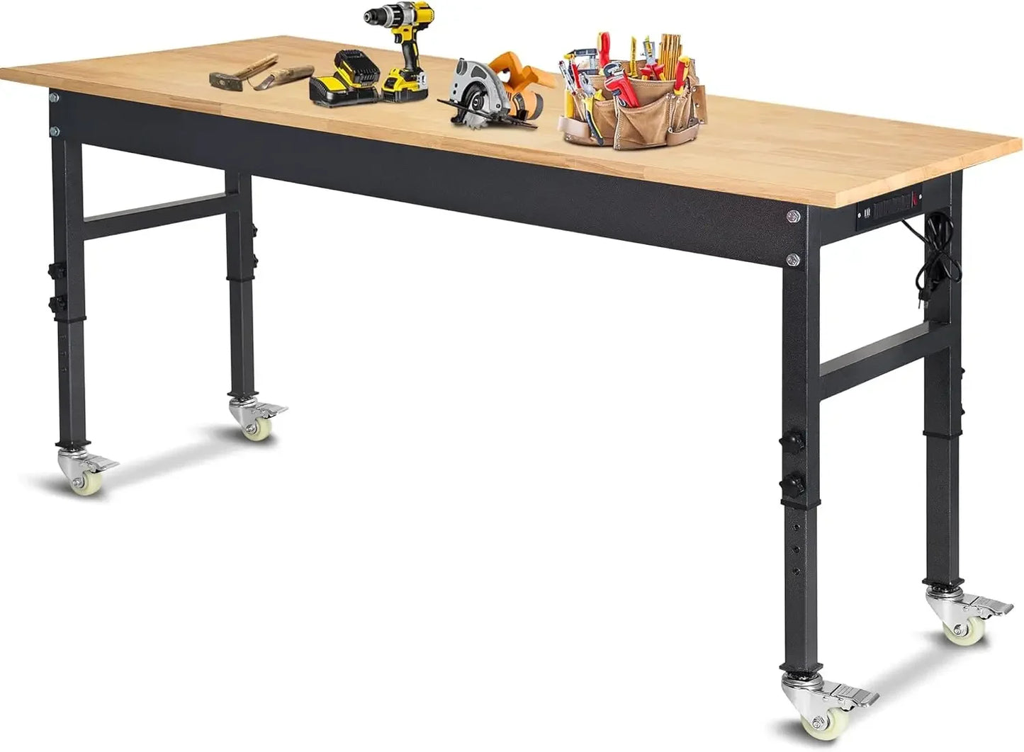60 Inch Adjustable Workbench, Rubberwood Top Workbench, Heavy Duty Work Table with Power Outlet and Wheels