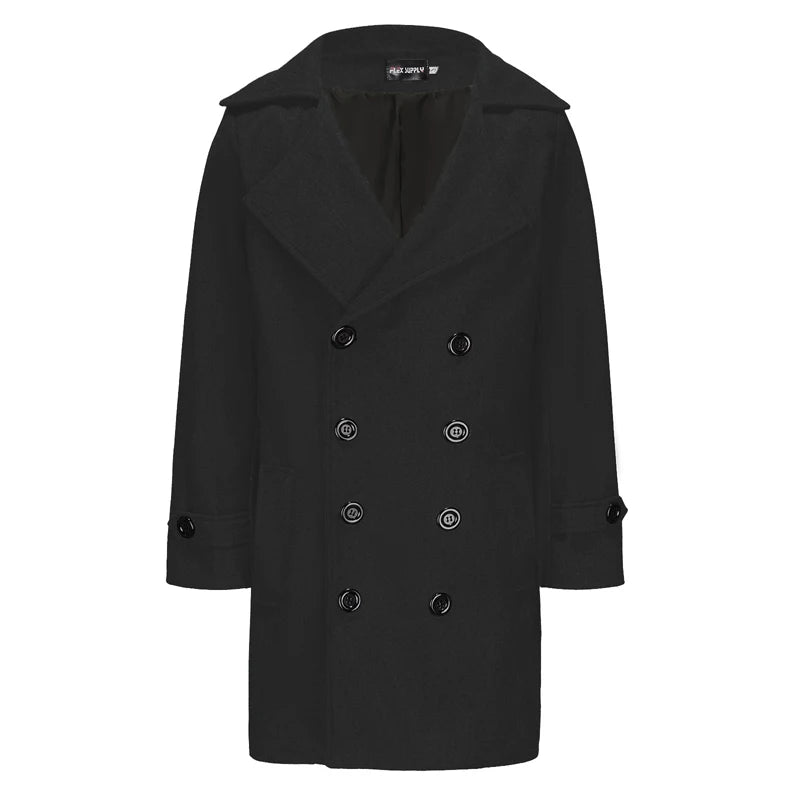 Wool Blend Peacoat With Notched Lapel Button Closure For Men