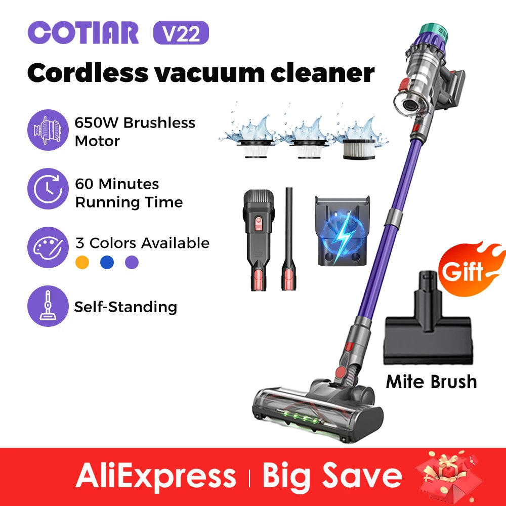Cotiar V22 Cordless Vacuum Cleaner 650W 55000PA Removable Battery