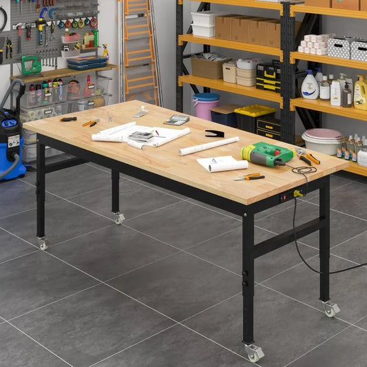 60 Inch Adjustable Workbench, Rubberwood Top Workbench, Heavy Duty Work Table with Power Outlet and Wheels
