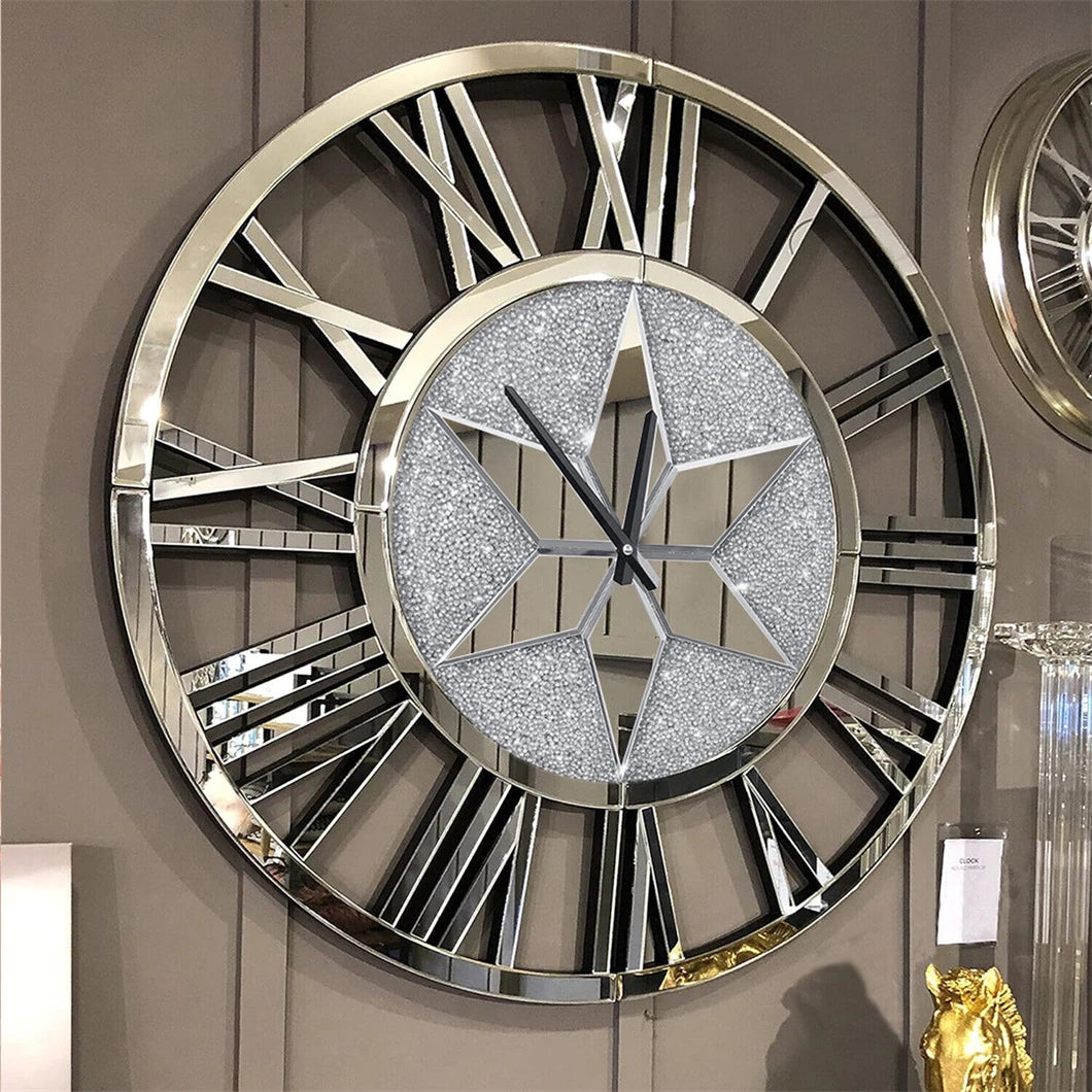 Large Mirrored Wall Clock 60CM Round Stunning Beveled Roman Numeral Skeleton Clock Family Living Room Fireplace Decor