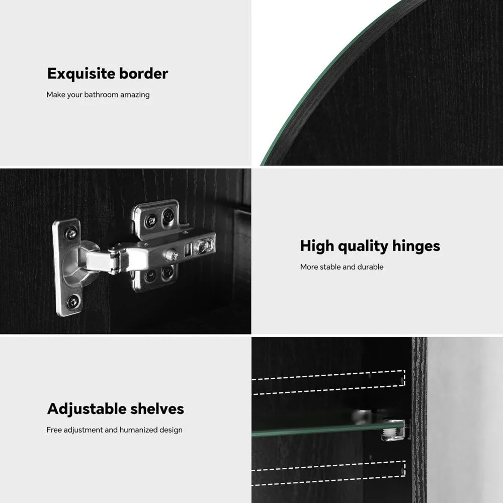 LED Illuminated Arched Medicine Cabinet, Wall-Mounted Black Mirrored Bathroom Storage