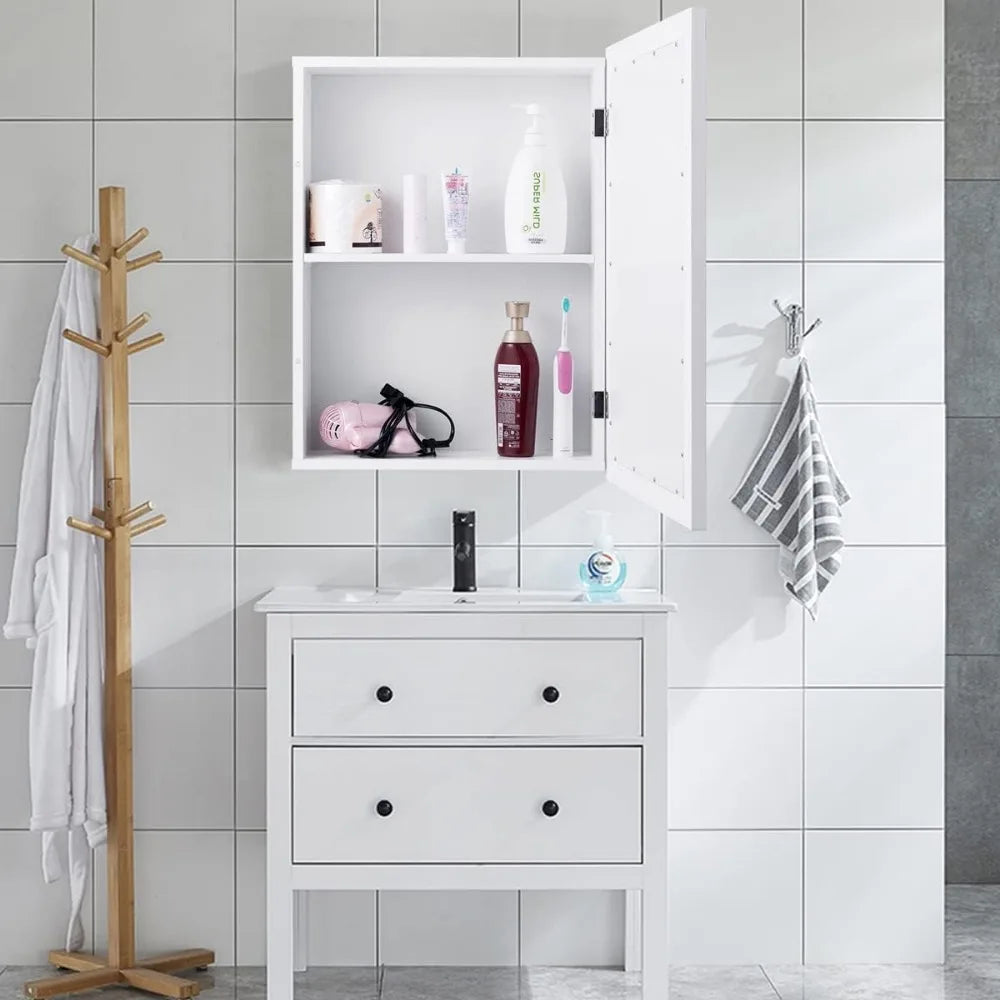 Wall-Mounted Single Door Mirrored Cabinet for Bathroom Storage in White