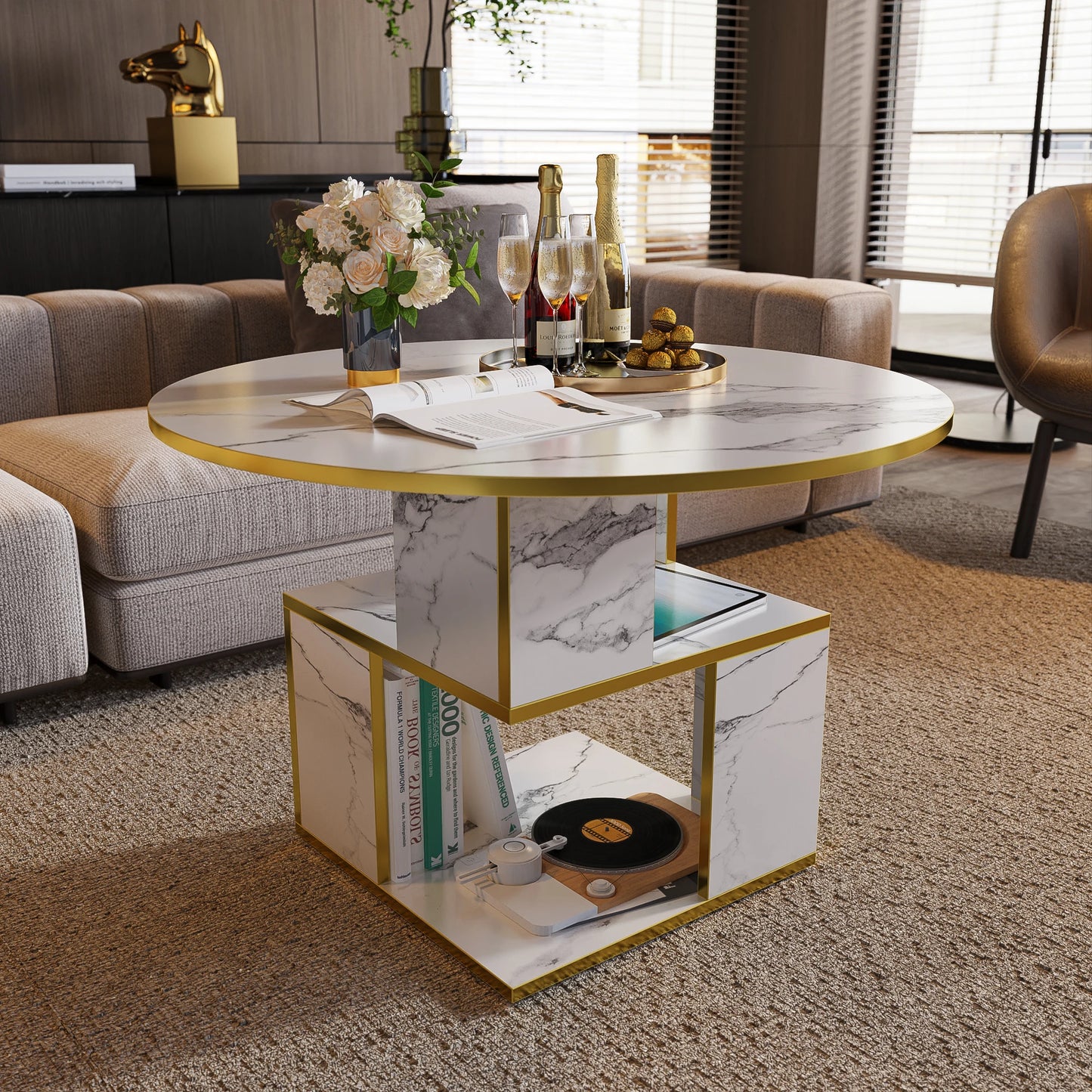 3-Tier Round Coffee Table with Storage, Modern Coffee Table for Living Room, Wooden Tabletop-Marble White with Gold Frame