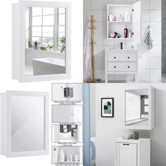 Wall-Mounted Single Door Mirrored Cabinet for Bathroom Storage in White