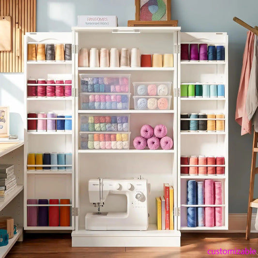 50" Craft Storage Cabinet with LED Lights – Adjustable Shelves Sewing Organizer, Multi-Purpose Sewing Cabinet