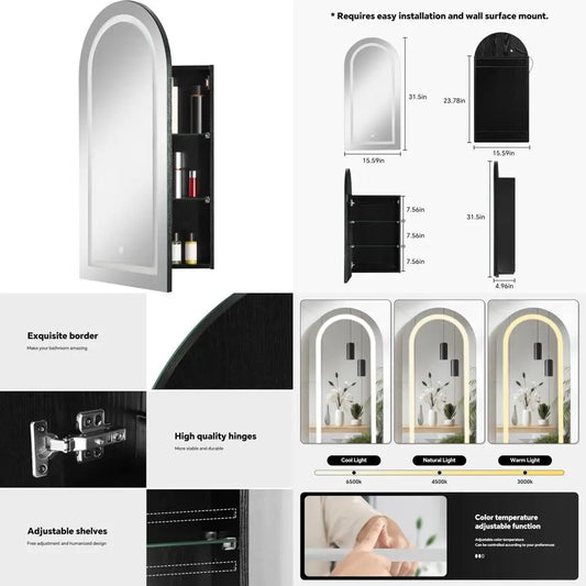 LED Illuminated Arched Medicine Cabinet, Wall-Mounted Black Mirrored Bathroom Storage