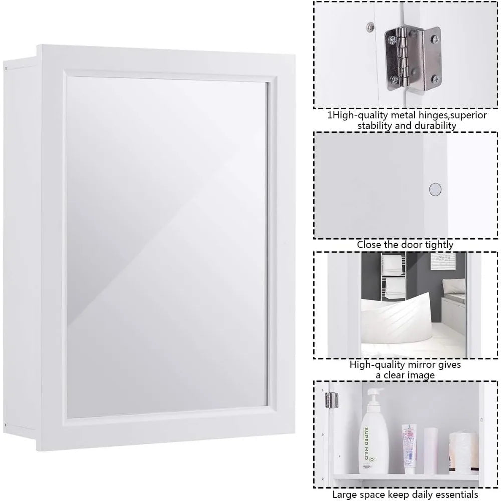 Wall-Mounted Single Door Mirrored Cabinet for Bathroom Storage in White