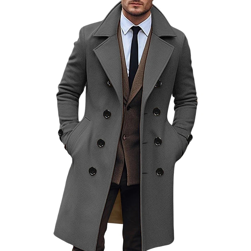 Wool Blend Peacoat With Notched Lapel Button Closure For Men