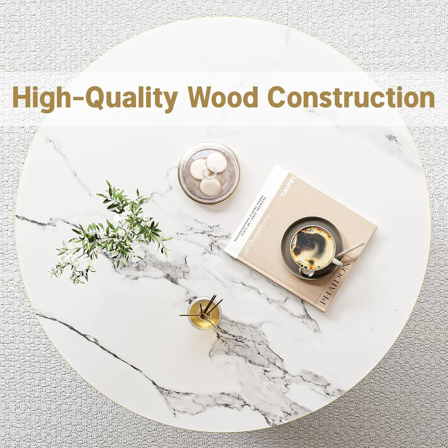 3-Tier Round Coffee Table with Storage, Modern Coffee Table for Living Room, Wooden Tabletop-Marble White with Gold Frame