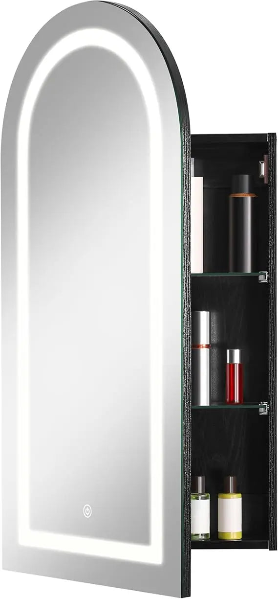 LED Illuminated Arched Medicine Cabinet, Wall-Mounted Black Mirrored Bathroom Storage