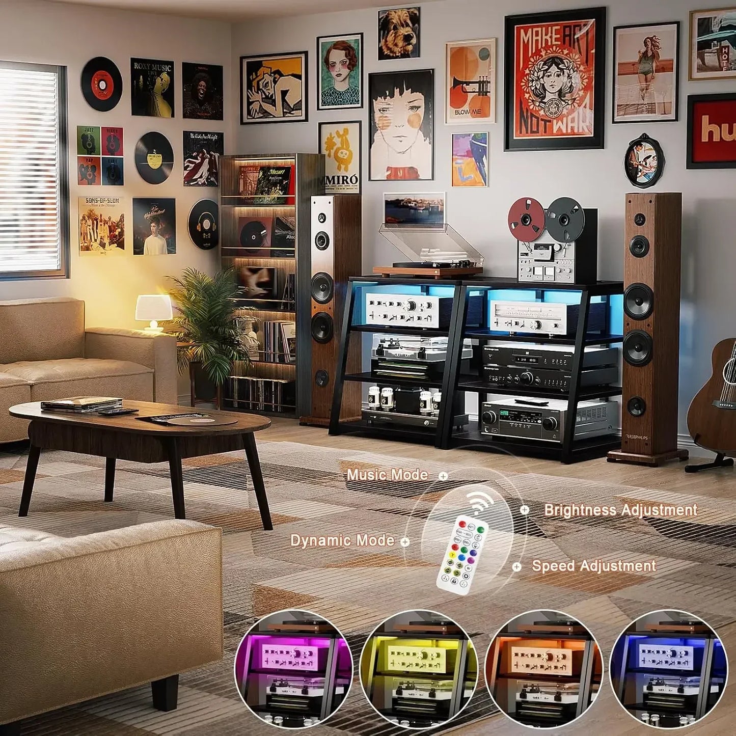 Adaptive Utility 4-Tier AV Media Stand with Power Strips, Stereo Stand with LED Lights,Rack Audio Tower with Adjustable Shelves,