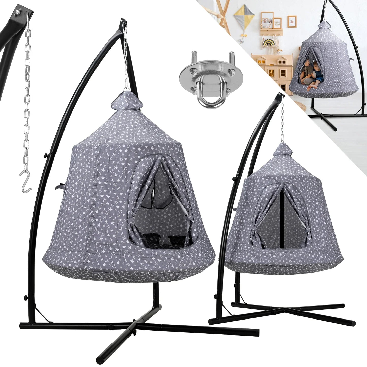 Hanging Hammock X-Stand w/Tree Tent,Play Tent Indoor Metal Swing Chair Stand Outdoor Egg Basket Patio Seat w/Support Stand