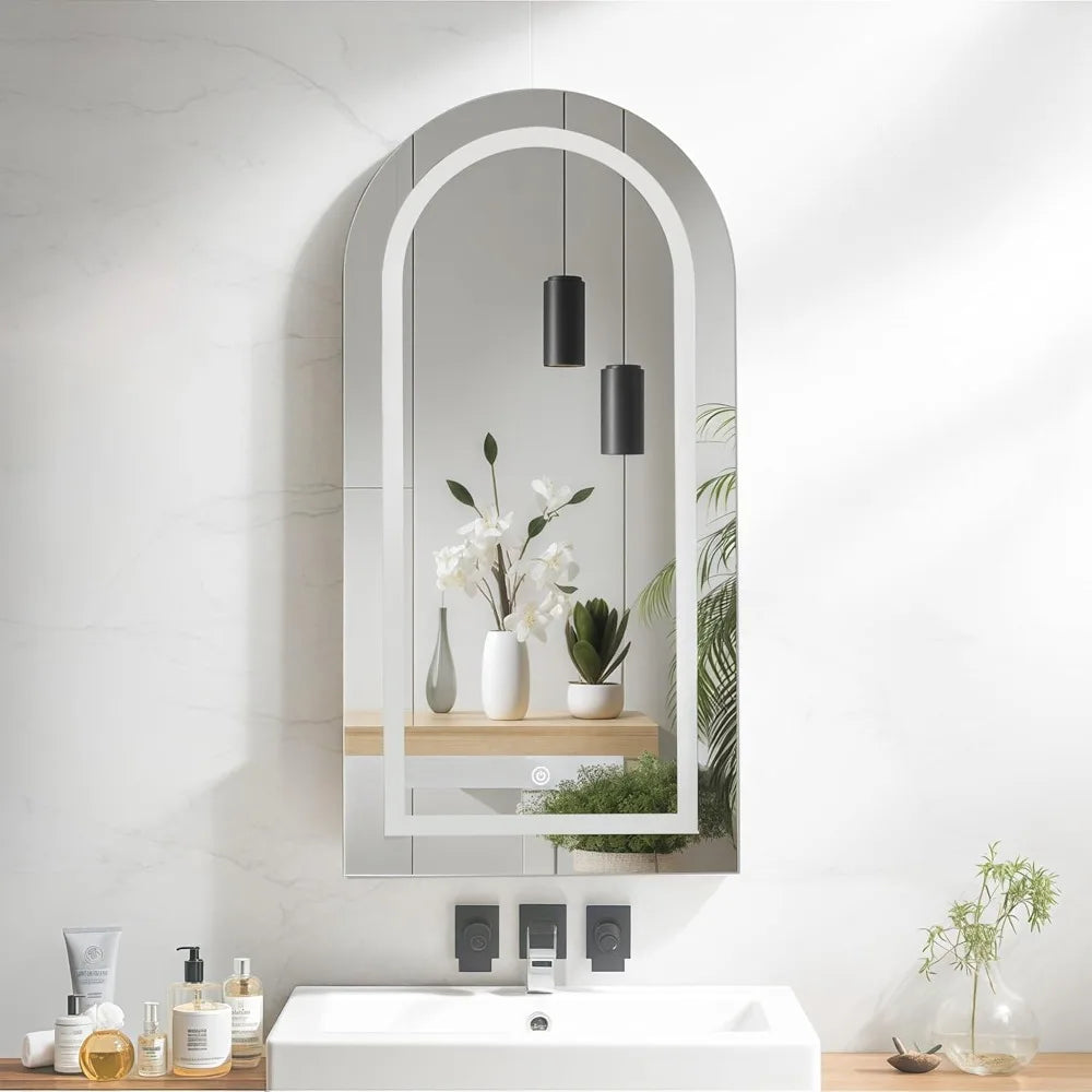 LED Illuminated Arched Medicine Cabinet, Wall-Mounted Black Mirrored Bathroom Storage