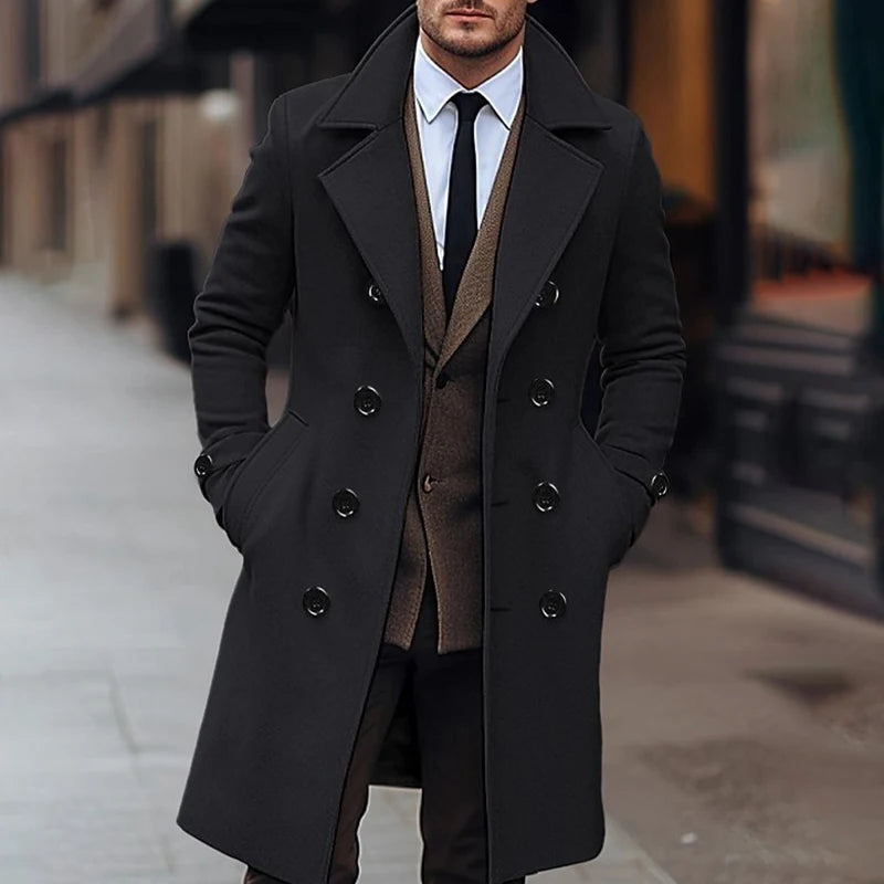 Wool Blend Peacoat With Notched Lapel Button Closure For Men