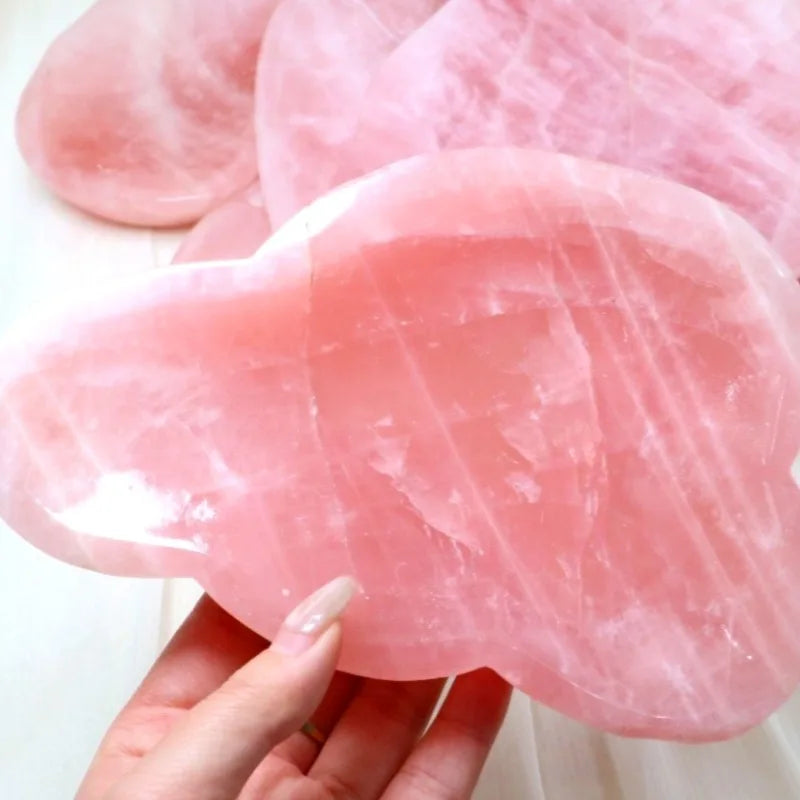 Rose Quartz Plate Bowl Dish Hand Carved Crystal Gift Healing Stone Tray Freeform Quartz
