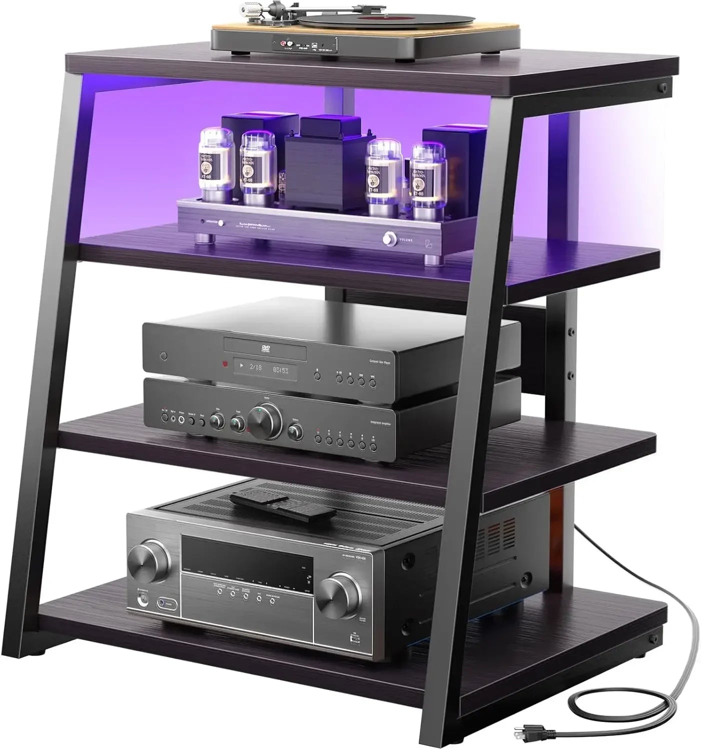 Adaptive Utility 4-Tier AV Media Stand with Power Strips, Stereo Stand with LED Lights,Rack Audio Tower with Adjustable Shelves,