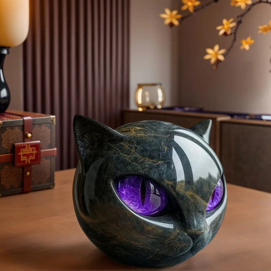 Decorative Black Cat Stone Figurine Resin Cat Head Healing Stone Marble Texture Cat Stone Keepsake Gift Office Desk Cats Decor