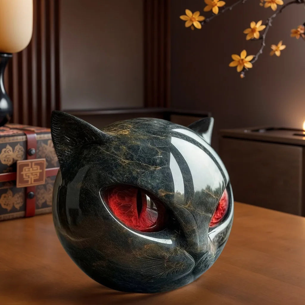 Decorative Black Cat Stone Figurine Resin Cat Head Healing Stone Marble Texture Cat Stone Keepsake Gift Office Desk Cats Decor